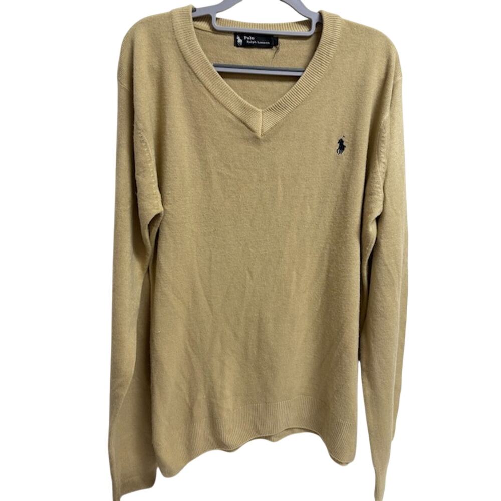 Polo‎ Ralph Lauren Vintage Cashmere Sweater Mens M Beige V Neck Logo Knit